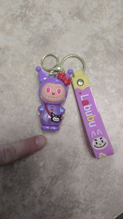 Cute Glossy Purple Labubu-Themed Silicone Keychain Charm with Matching Wrist Strap