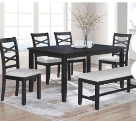 Dining table set with chairs and bench