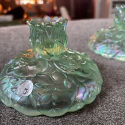 Fenton Carnival Glass Seafoam Iridescent Water Lily Candlesticks