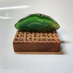 Green Agate Set In Solid Maple With Egyptian Hieroglyphs