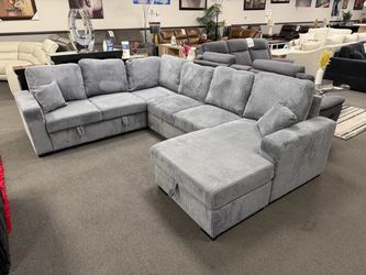 Large Gray Corduroy Sectional Sofa with Chaise