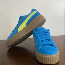 Brand new Puma x Fenty Creeper Phatty Blue Suede Sneakers with Yellow Highlights