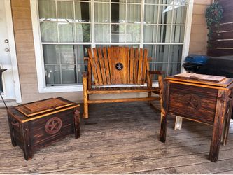Handcrafted Rustic Texas Patio Set – Rocking Bench + 2 Matching Coolers