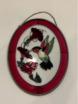Vintage Joan Baker Designs Oval Hummingbird Suncatcher Stained Glass Morning Glory Flower Ruby Red 7” high and 5.5” across