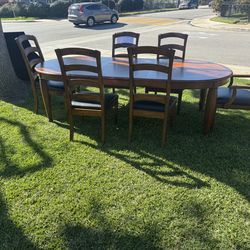 Solid Wood Dining Table Set + China Hutch – 6 Chairs + Leaf + Custom Table Protectors – $350