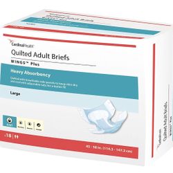 Cardinal Health 66034 Quilted Adult Briefs, Wings Plus, Heavy Absorbency, Large, Case of 4 Bags of 18