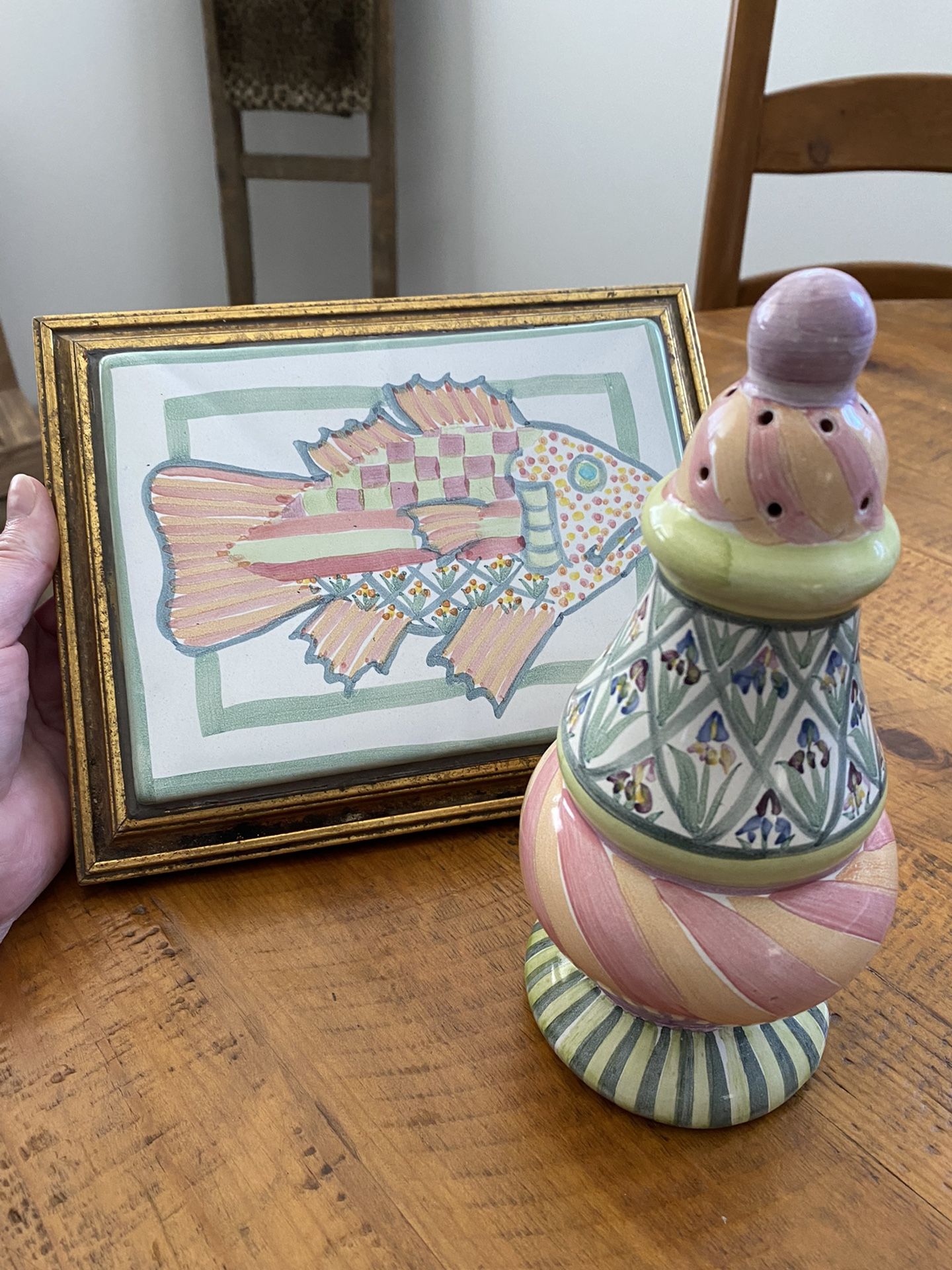 Collector Mackenzie Child Fish Tile Hot Trivet And Mackenzie Childs Sugar Shaker Beach Shabby Chic Decor HOLD SHIRLEY