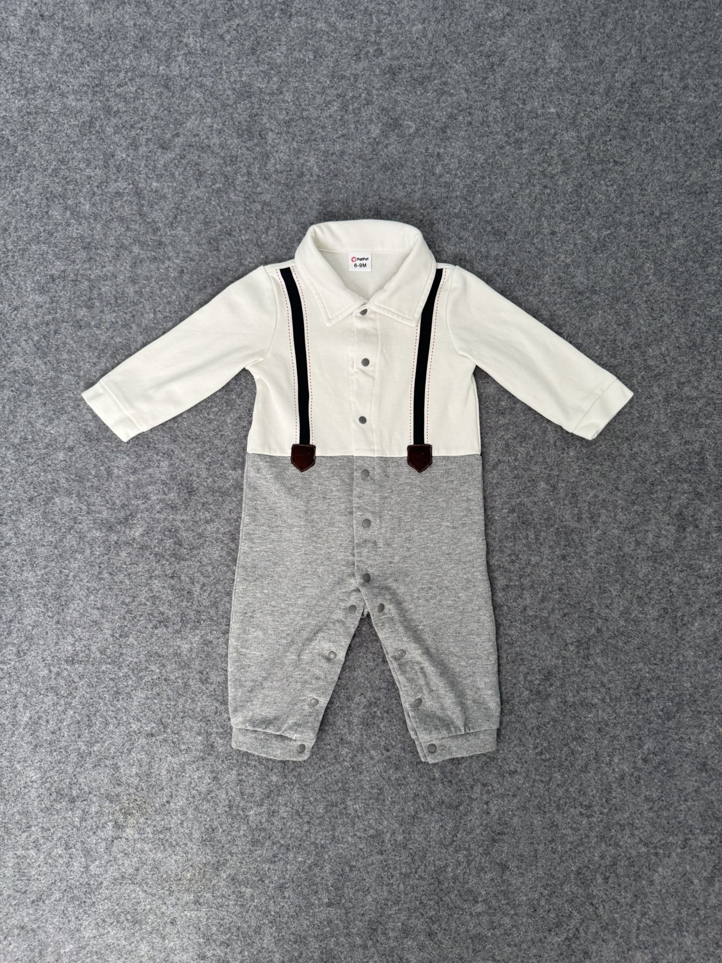 Baby Boy Grey And White Suspender Style Romper