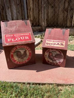 Vintage Red rooster wood flour & sugar bins