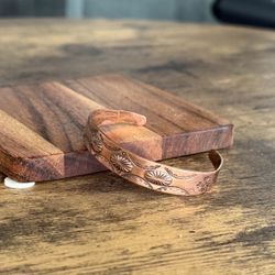 Stamped Copper Cuff Bracelet - Adjustable - Floral Sunburst Design 