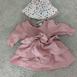 Baby Girl Pink Dress With Bucket Hat 