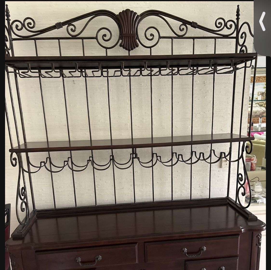 Wrought Iron And Wood Bake’s Rack with Wine Holder