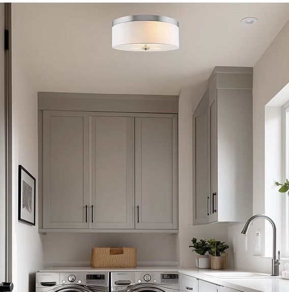 Kira Home Walker 15" Modern Drum Flush Mount Ceiling Light, White Fabric Shade with Frosted Glass Diffuser