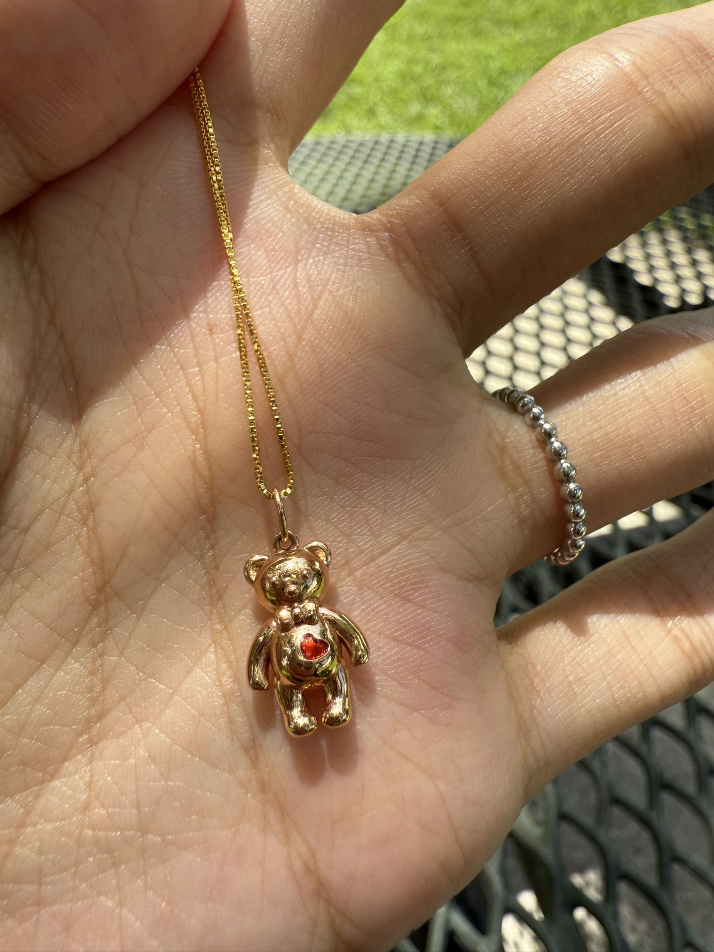 18K Rose Gold Teddy Bear Pendant Red Heart Gem 🐻