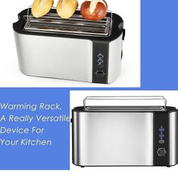 4 Slice Toaster Stainless Steel, 2 Slice Long Slot Toasting for Bagel, Bread, Built-in Warming Rack, Defrost/Reheat/Cancel Stylish Design, 1300W