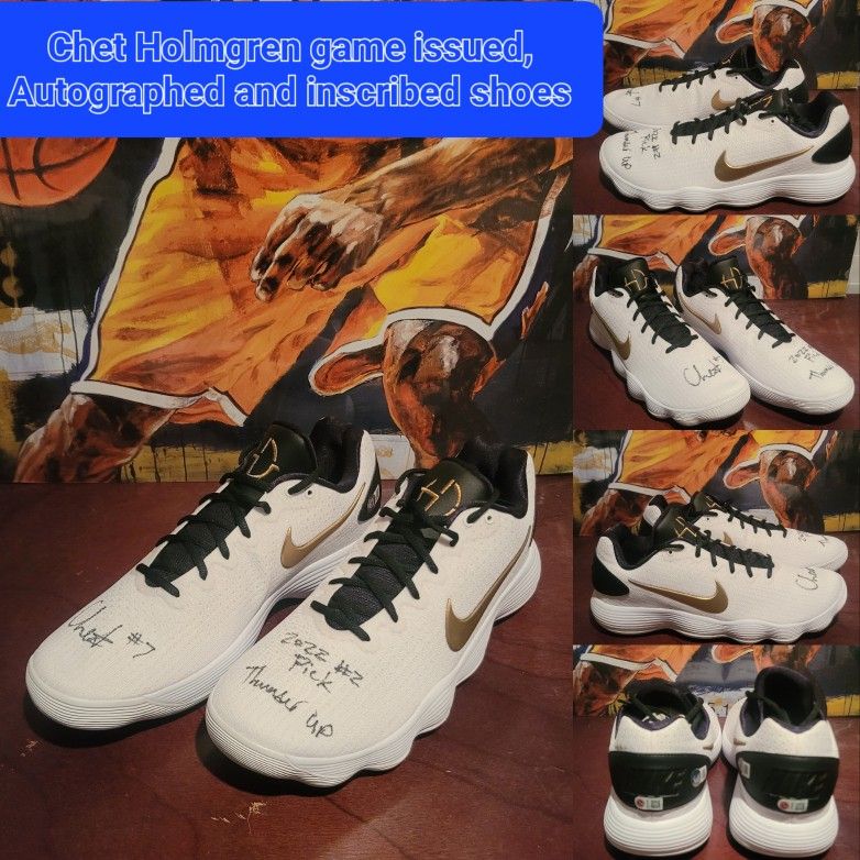Chet Holmgren Thunder Game Issued Sneakers Autographed And Inscribed Thunder Up 2022 #2 Pick