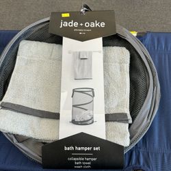 JADE + OAKE  BATH HAMPER SET  BATH TOWEL , WASH CLOTH 