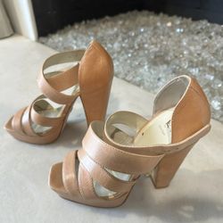 Velvet Angel Brand: Peachy Tan High Heeled Sandals with Chunky Heel and Straps