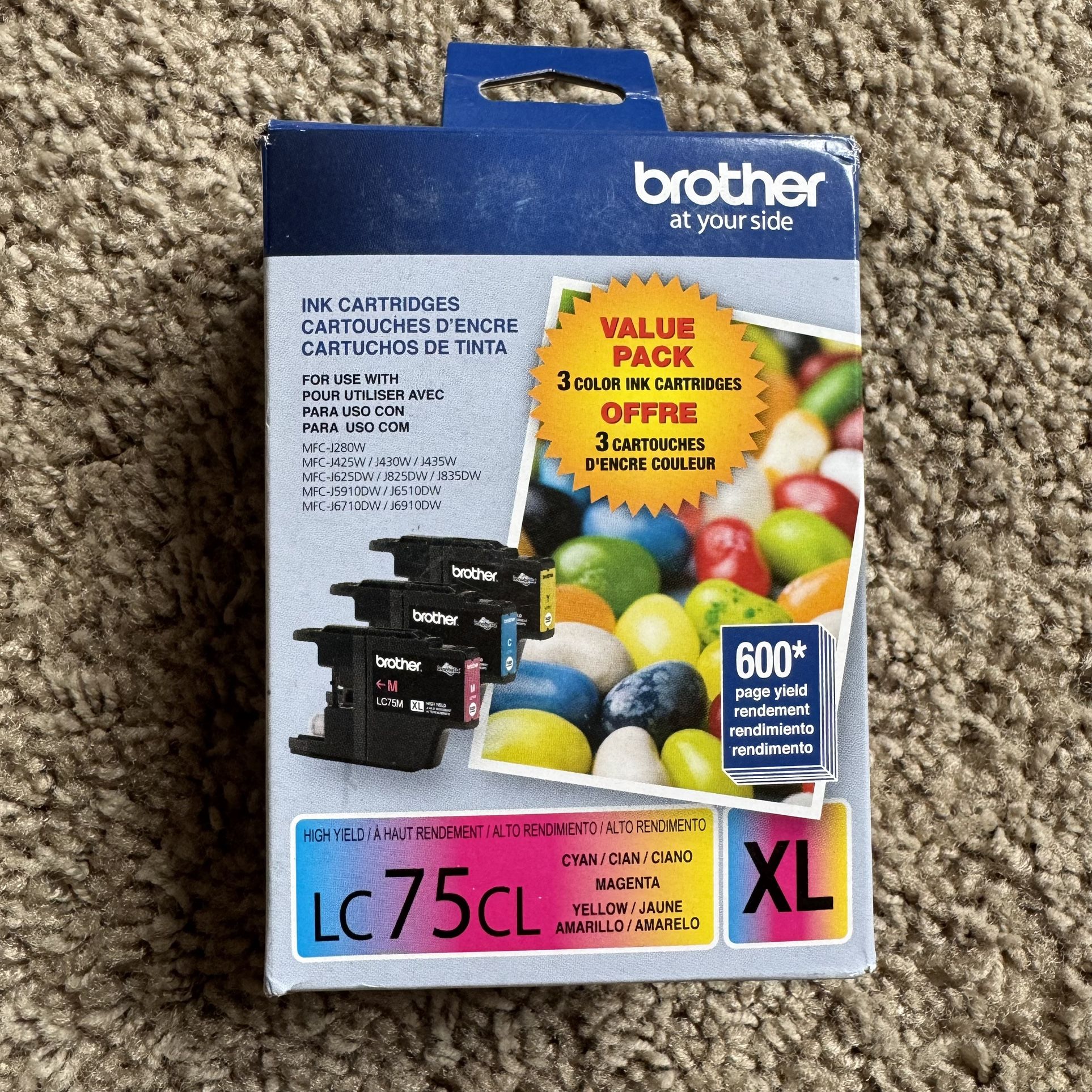 New Brother LC75CL XL 3-Pack Ink Cartridges Cyan Magenta Yellow Exp 12/2023