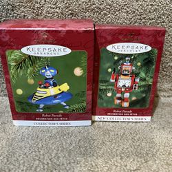 2 HALLMARK Keepsake Tin Robot Parade Collectors Series Christmas Ornaments