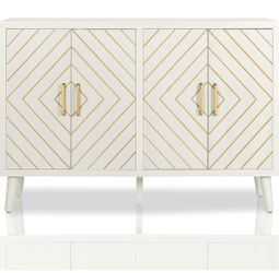 48" Modern Gold Trim Storage Buffet Cabinet - 4-Door Accent Sideboard with Removable Shelves, Entryway/Living Room/Kitchen Credenza, White with Golden
