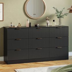 Fluted 9 Drawer Dresser for Bedroom, 59" Wide Wood Chest of Drawers with Metal Handle, Long Dresser Storage Organizer TV Stand for Closet, Living Room