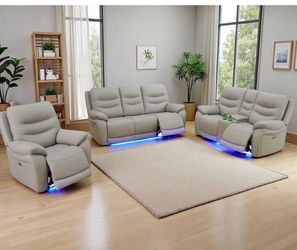 Memorial Day Sale  3 - Piece Light Gray Breathing Leather Living Room recliner Sofa set