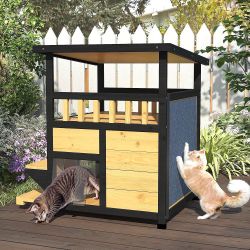 Outdoor Cat House Weatherproof, Outside Two Story Feral Cat Shelter with Escape Door, Scratching Mat, Pull-Out Bottom, Playful Cat Condo for Small & M