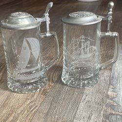 2 America's Cup 12 Meter Racing Sloop Sailing German Beer Glass Mug Steins