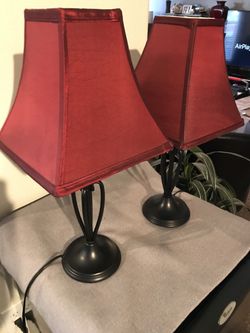 Beautiful Pair Of Iron Black Base With Faux  Burgundy Shades