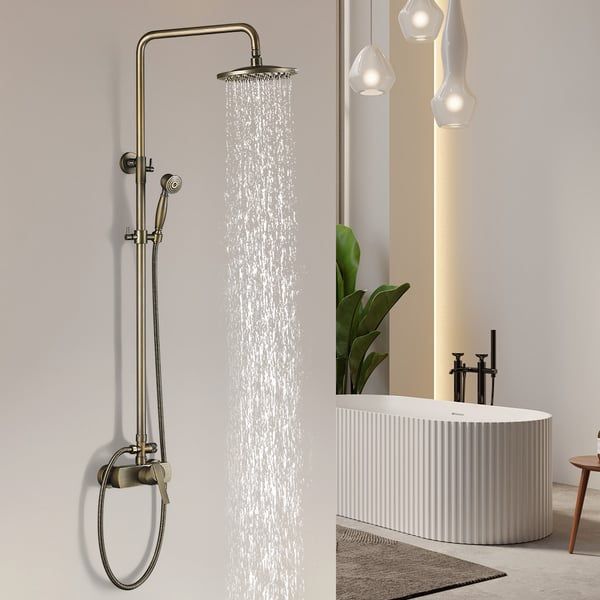 Antique Brass Exposed Wall Mount Shower System With 8" Rain Shower Head And Hand Shower