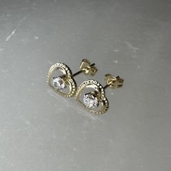 14K Solid Gold Small Open Heart Stud Earrings w/ Clear Crystal Accents