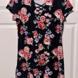 No Boundaries Floral Lace-Up Neck Short Sleeve Tunic T-shirt Dress Pink Roses
