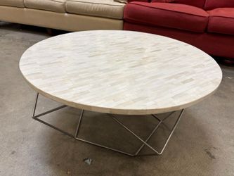 WEST ELM Modern Round Coffee Table with Water Buffalo Bone Tile Top and Sculptural Base