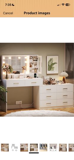 New White Vanity Desk with LED Mirror & Storage