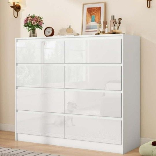 L167 8 Drawer White Dresser for Bedroom, Modern High Gloss 8 Drawers Double Dressers, Wood Chest of Drawer Handle Free,Long Dresser for Bedroom,
