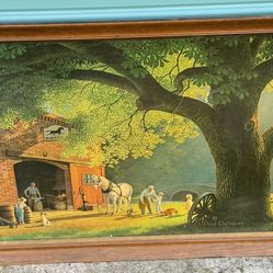 Vintage Paul Detlefsen “The Blacksmith Shop” Framed Art Print – 52x27 Americana Farm Scene