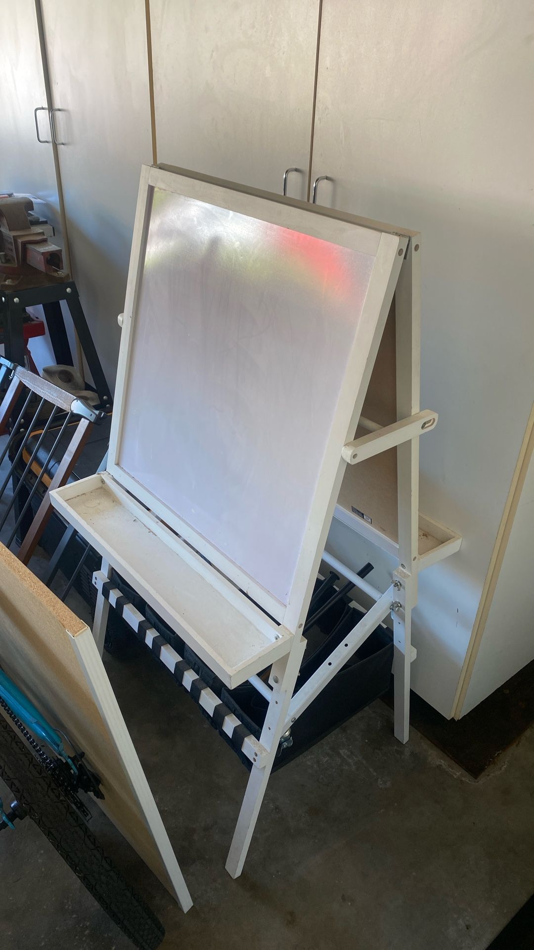 Easel, chalkboard, and whiteboard