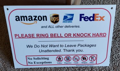plastic door sign for deliveries and no solicitation