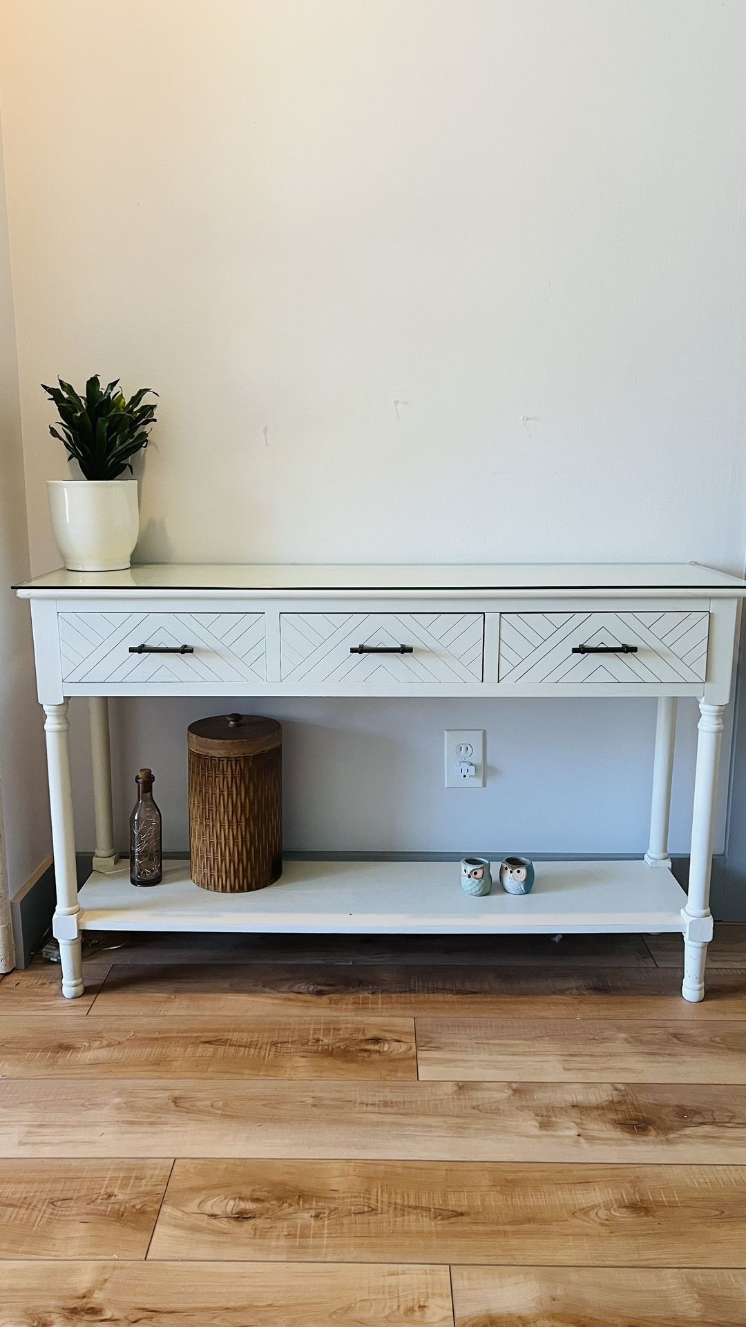 White Console Table with Drawers, Shelf  & Glass Top – 4’ Wide      Price: $70 – Priced to sell!