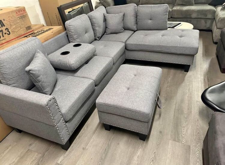 Grey Taupe 3-pc Sectional Sofa With Storage Ottoman Brand New