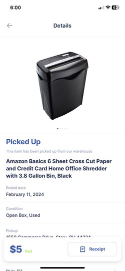 Amazon Basics 6 Sheet Cross Cut Paper and Credit Card Home Office Shredder with 3.8 Gallon Bin, Black