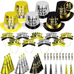 40PCS New Years Eve Party Supplies for 20 Guests, New Years Party Hats Headbands Blowouts Gold Black New Years Accessories, Tiaras Top Hat Friged NYE 