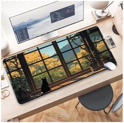 Black Cat Mouse Pad Gaming [NEW; 31.5" x 11.8"], Extended Desk Mousepad with Non-Slip Rubber Base Stitched Edge, Keyboard Mat for Gaming Home Office
