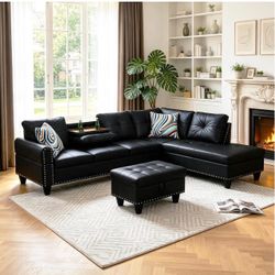 Black Faux Leather Sectional Sofa with Ottoman