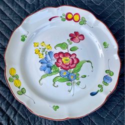 Vintage Hand-Painted Floral French Faience 9” Scalloped Decorative Plate