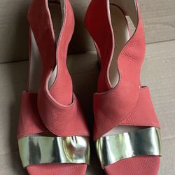 Cole Haan Orange Nubuck leather, cork wedge heel, gold accents, Size 9.5