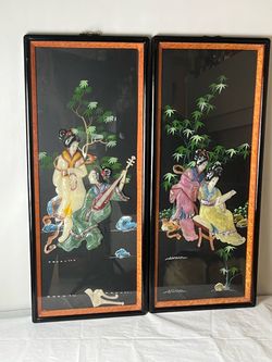Vintage Chinese Black Lacquer Wall Panels with Mother of Pearl Inlay (Set of 2)
