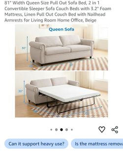 81" Width Queen Size Pull Out Sofa Bed, 2 in 1 Convertible Sleeper Sofa Couch Beds with 3.2" Foam Mattress, Linen Pull Out Couch Bed with Nailhead Arm