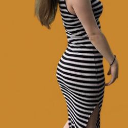 Black&white Striped Stretchy Bodycon Midi Dress 
